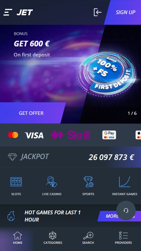 Internetinio JetCasino pagrindinis puslapis