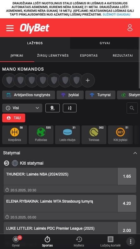 Olybet sporto lažybų programėlė