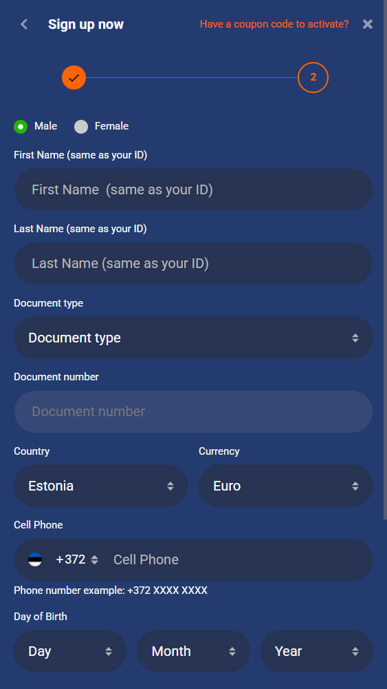 Registracija svetainėje Dream Bet