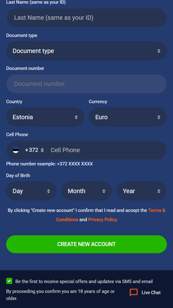 Registracija svetainėje Dream Bet