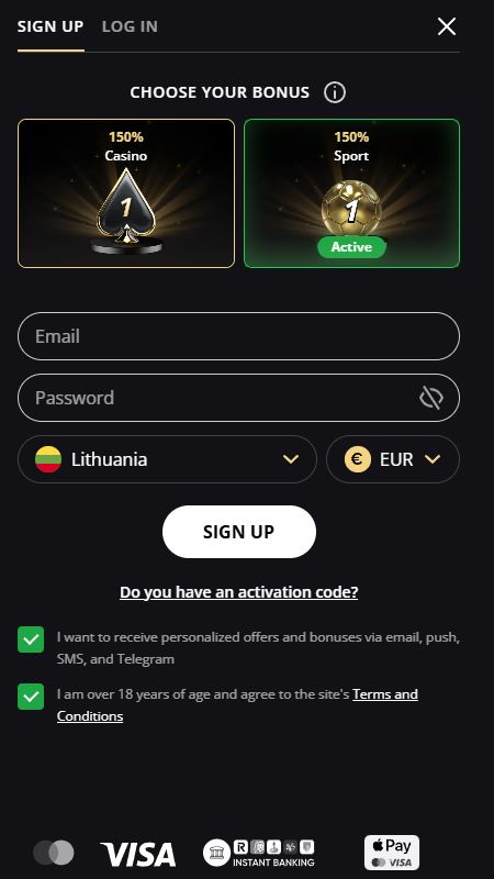 Paskyros sukūrimas LexCasino