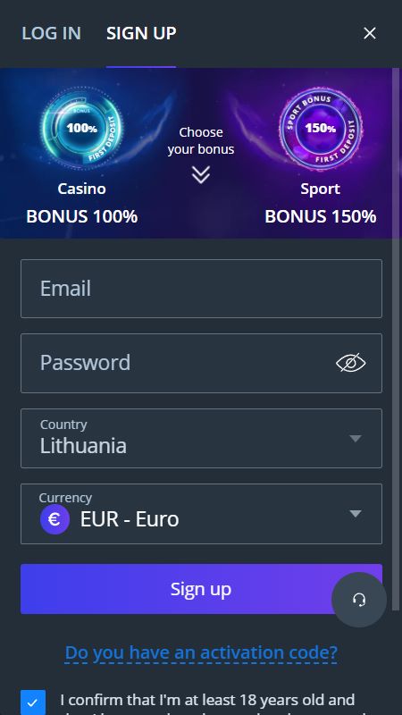 Paskyros sukūrimas JetCasino